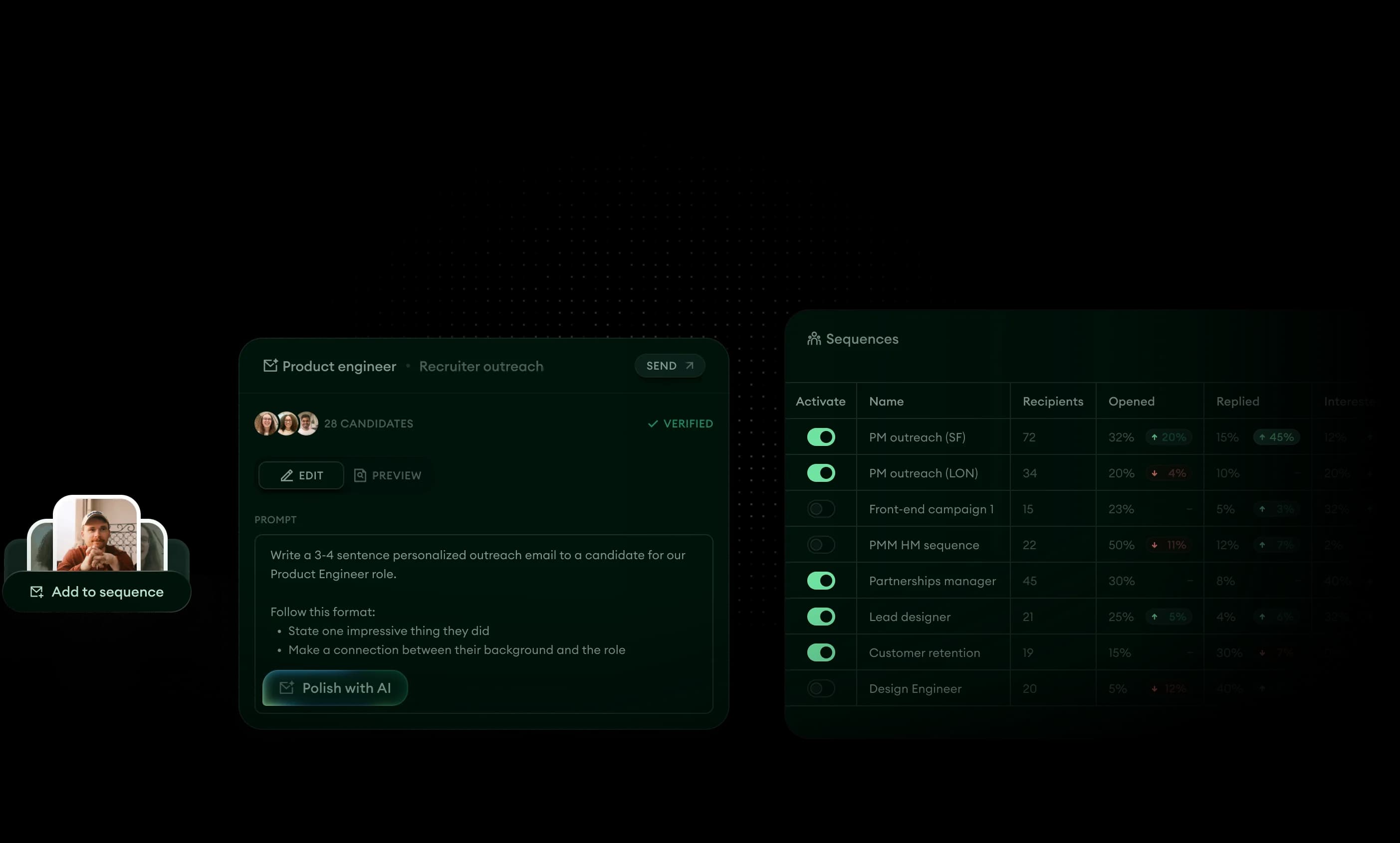 Metaview outreach product UI showing sequence builder and performance dashboard